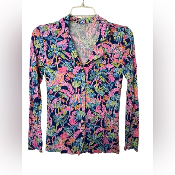 LILLY PULITZER Oyster Bay Navy PJ Knit Button Up Long Sleeve Top (Size XXS) - Picture 1 of 6
